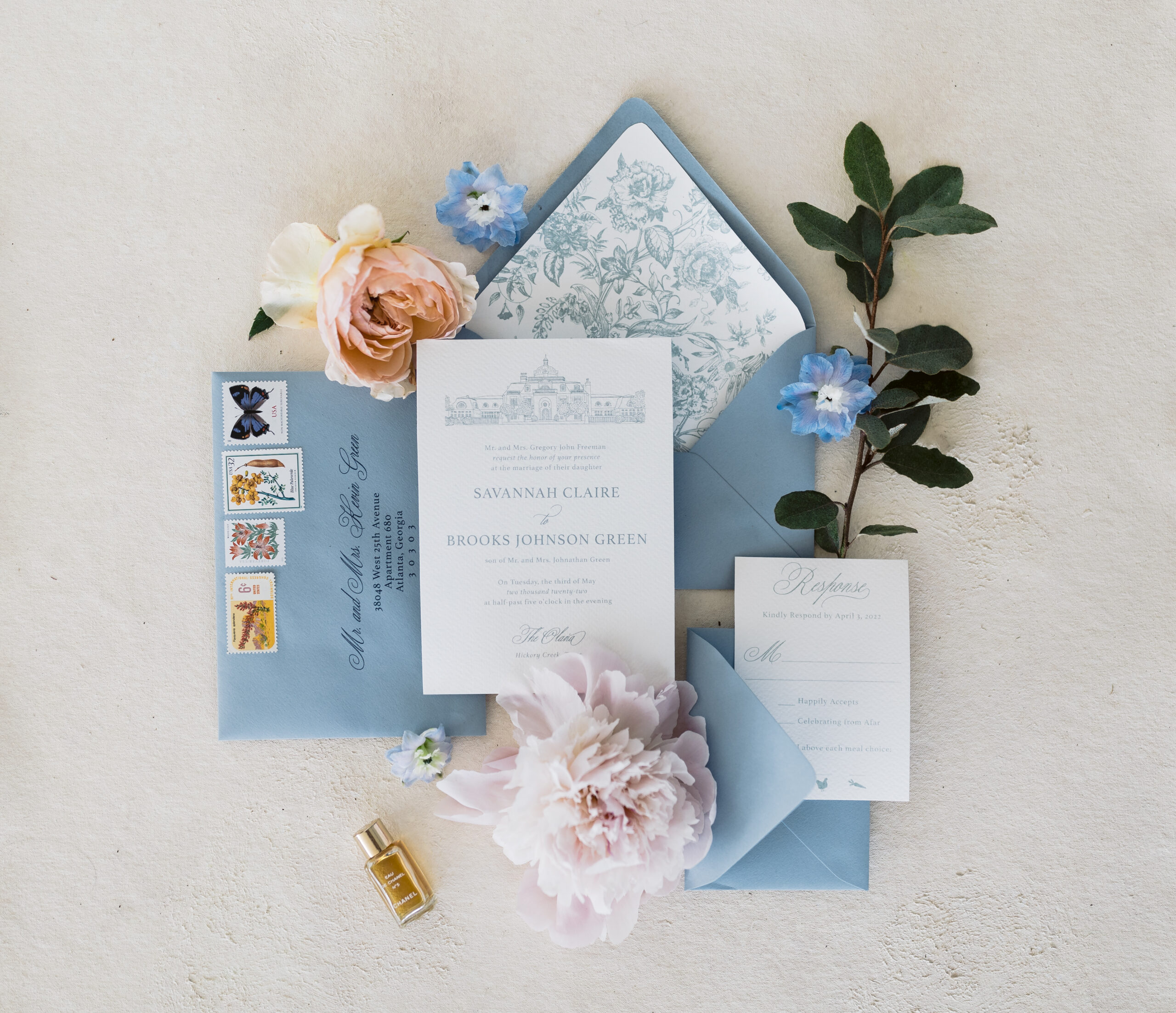 wedding details, invitations, florals, and wedding ring
