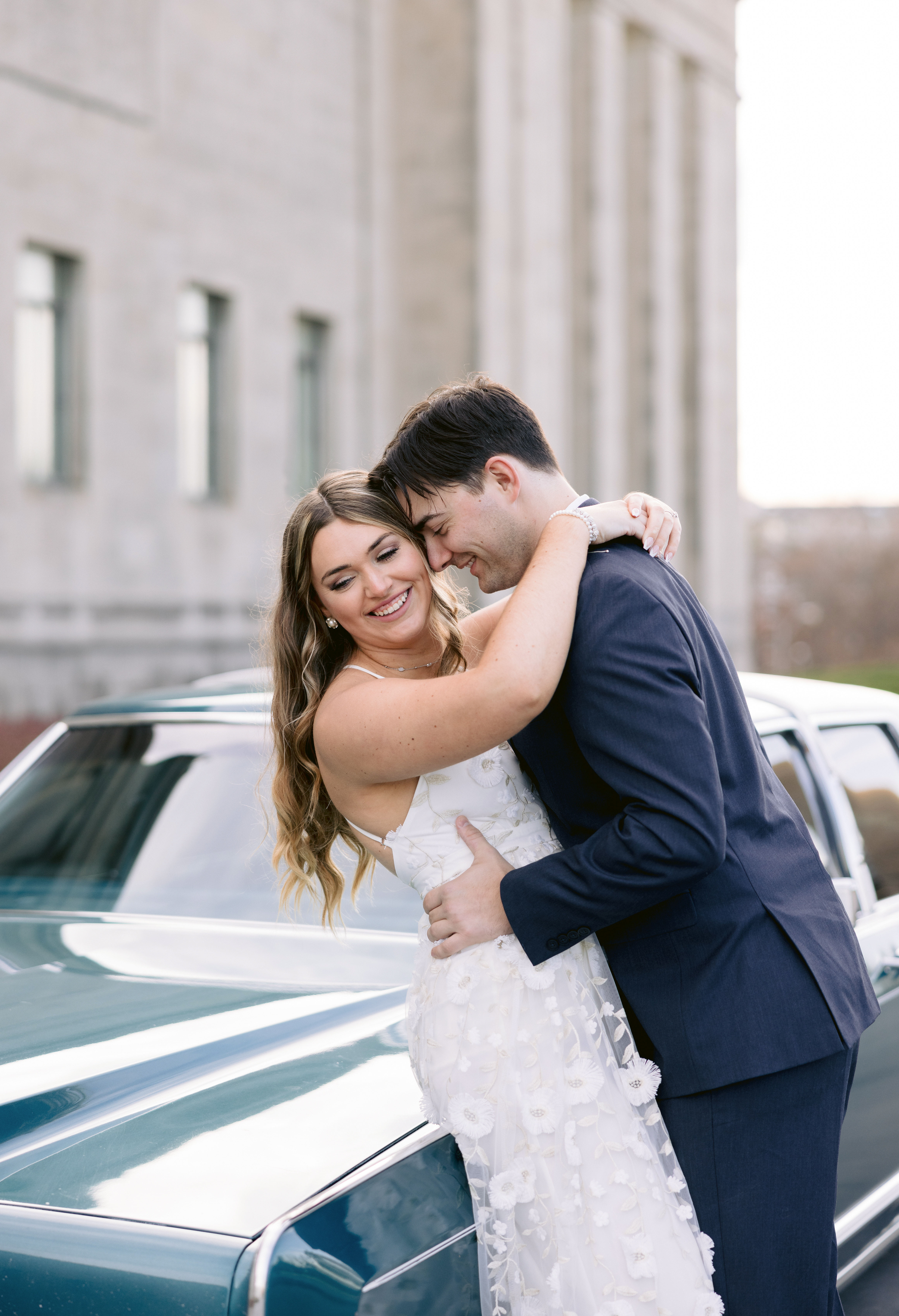 bride and groom leaning into each other. cute and intimate engagement session photos