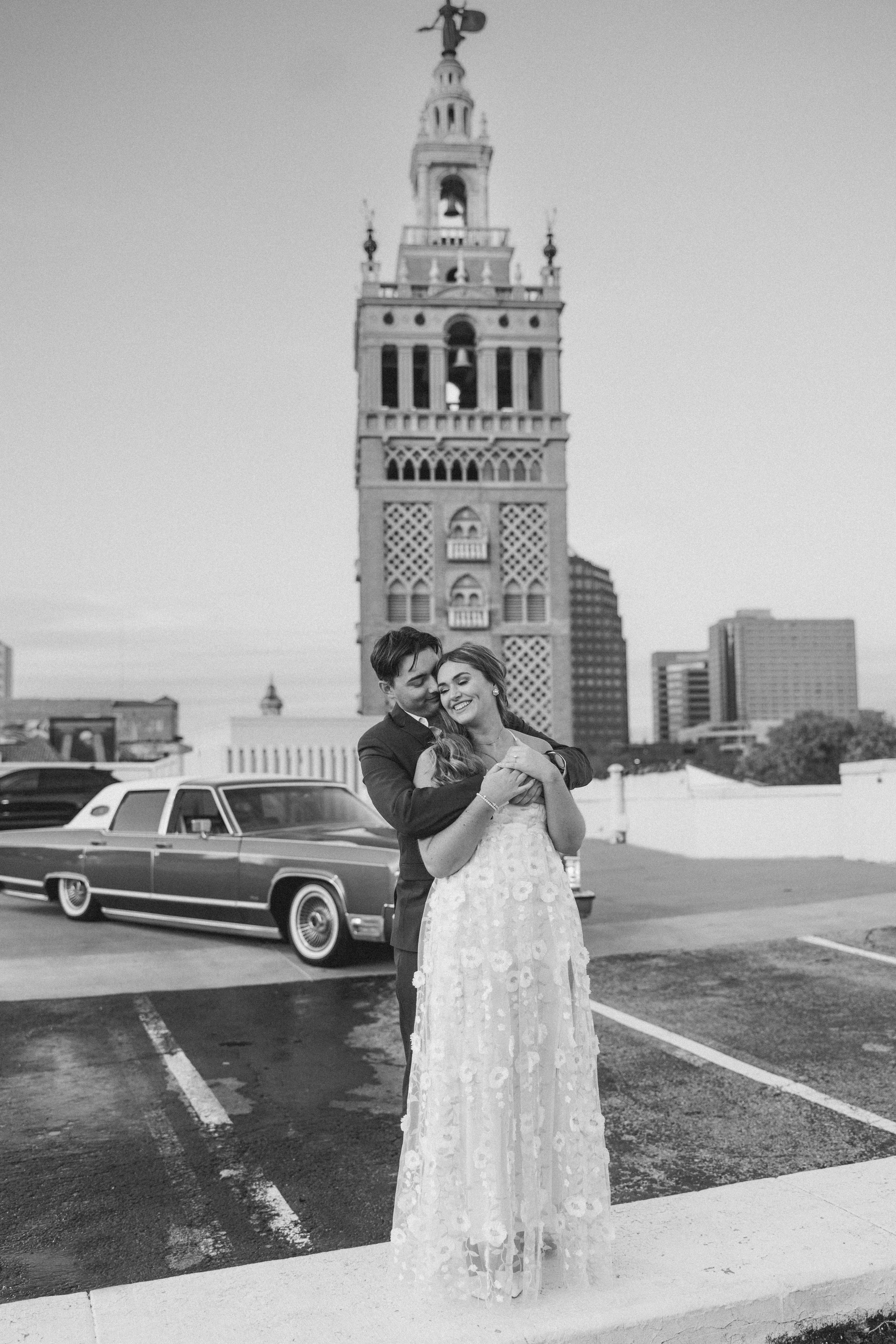 black and white engagement session in Kansas city in the Plaza parking ramp