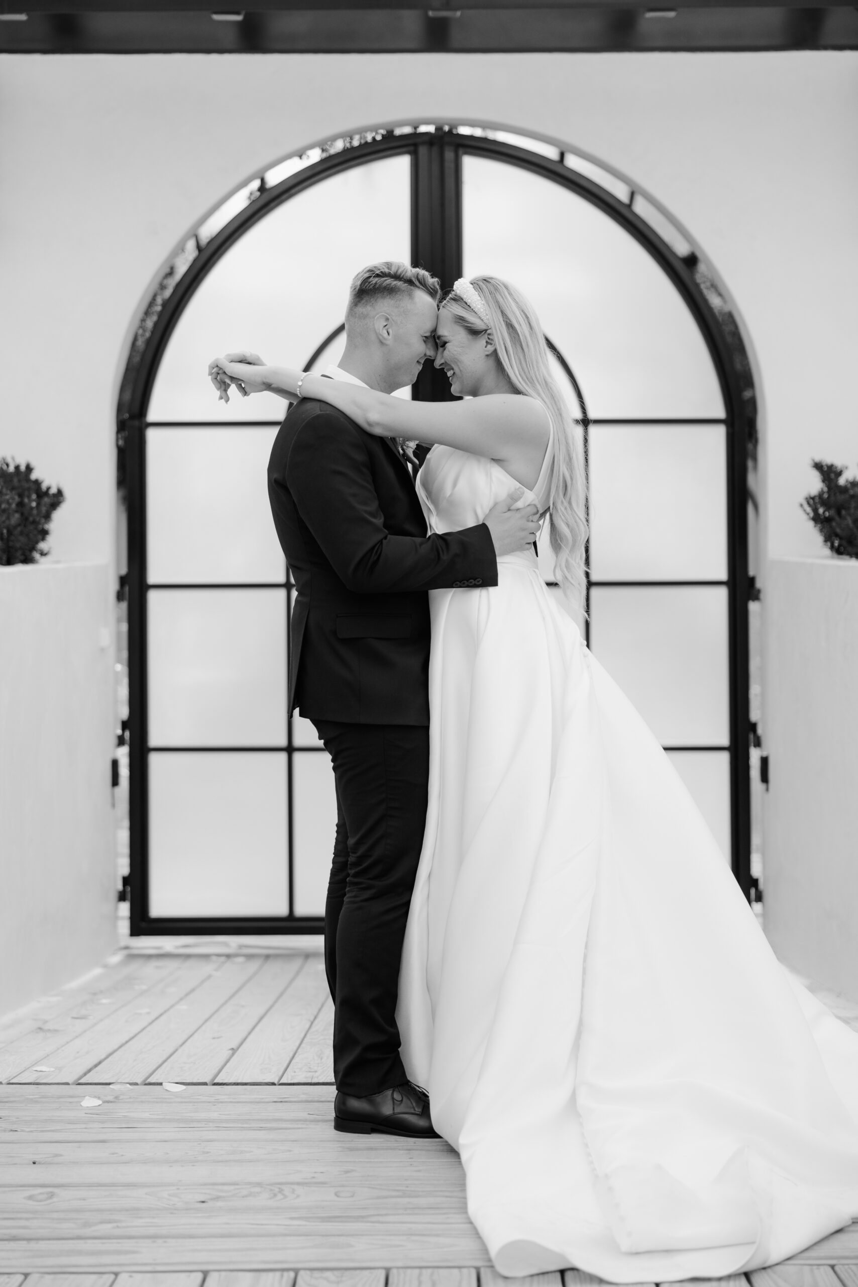Black and white bride and groom romantic and intimate portrait